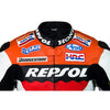 Honda Repsol orange, red, white, black motorcycle racing leather jacket (with a hump) (collectible), removable CE protectors, removable inner lining, genuine cowhide leather, YKK zippers, pockets, close-up photo