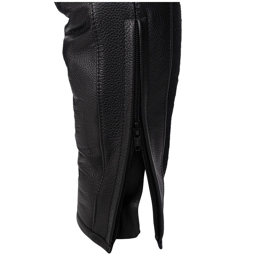Corelli MG eclipse black women motorcycle leather pants, genuine cowhide leather, removable ce protectors, kevlar, cordura, YKK zippers, pockets, close-up photo