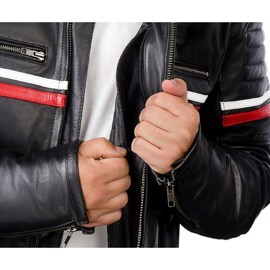 Corelli MG metropolis black motorcycle leather jacket, cowhide leather, red, white, YKK zippers, removable CE protectors, removable inner lining, pockets, close-up photo