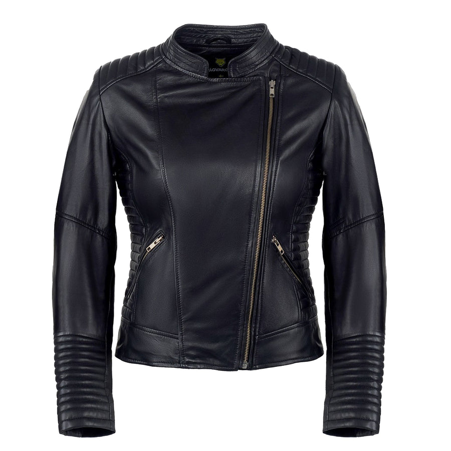 Corelli MG amy armored black women motorcycle leather jacket, genuine buffalo leather, YKK zippers, pockets, removable inner lining, removable protectors, front photo