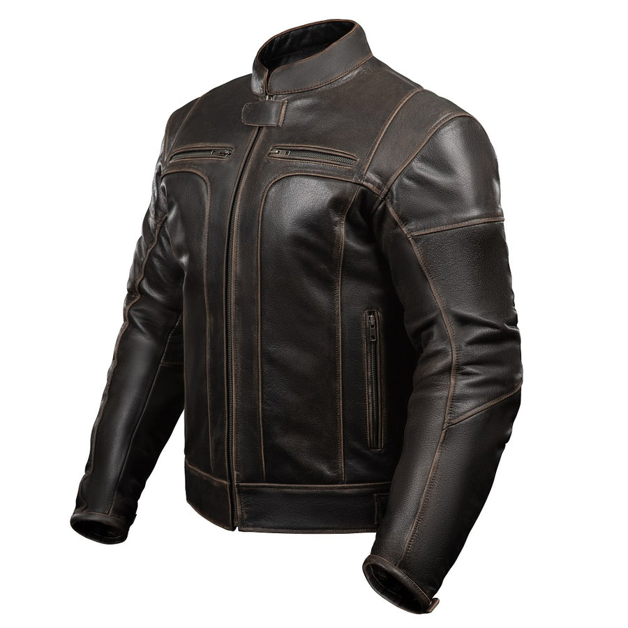 Corelli MG adventure brown retro motorcycle leather jacket, genuine buffalo leather, removable CE protectors, removable inner lining, side photo