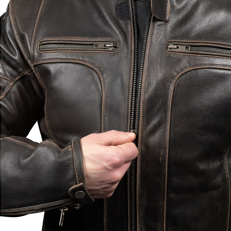 Corelli MG adventure brown retro motorcycle leather jacket, genuine buffalo leather, removable CE protectors, removable inner lining, close-up photo