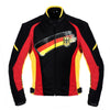 Corelli MG germany (deutschland) motorcycle racing textile jacket, removable ce protectors, removable inner lining, yellow, black, red, cordura, mesh, YKK zippers, front photo