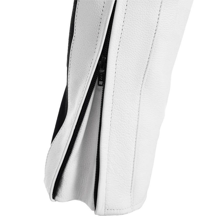 equilibrium white women motorcycle leather pants, genuine cowhide leather, removable ce protectors, kevlar, cordura, YKK zippers, pockets, close-up photo