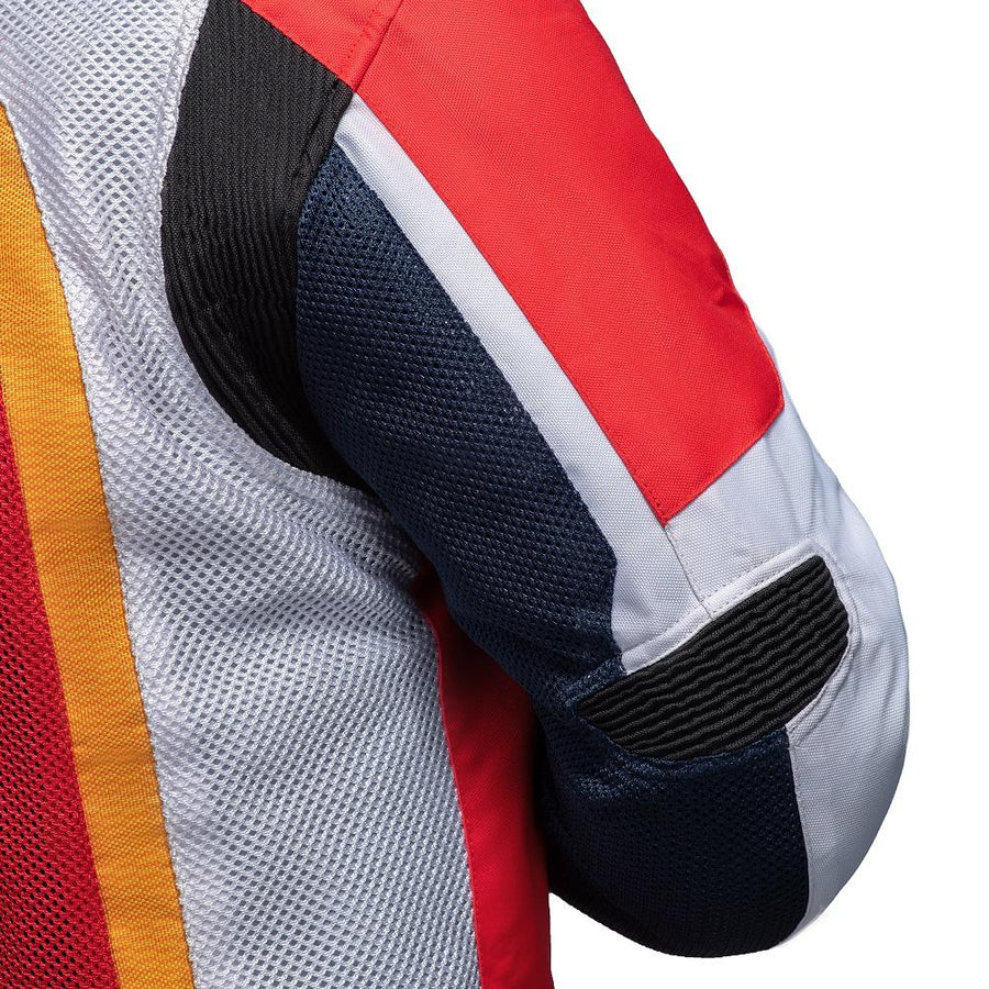 Corelli MG Miami racing team motorcycle textile protected jacket, removable CE protectors, mesh, cordura, removable inner lining, blue, red, orange, YKK zippers, pockets, close-up photo