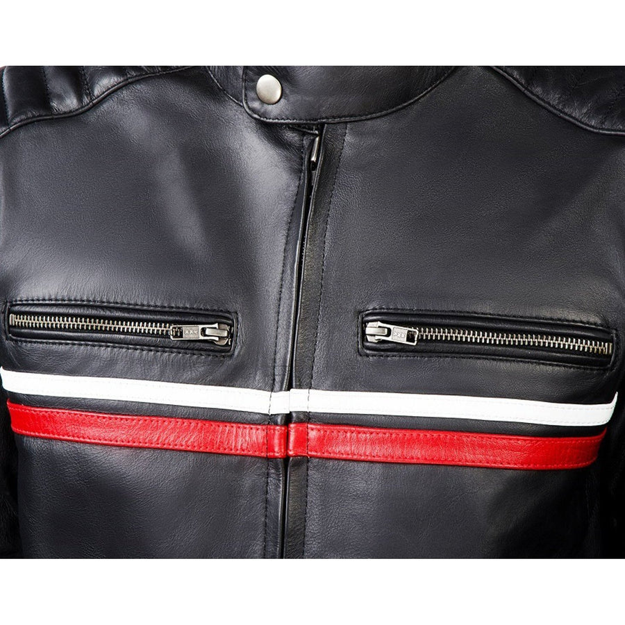 Corelli MG metropolis black motorcycle leather jacket, cowhide leather, red, white, YKK zippers, removable CE protectors, removable inner lining, pockets, close-up photo
