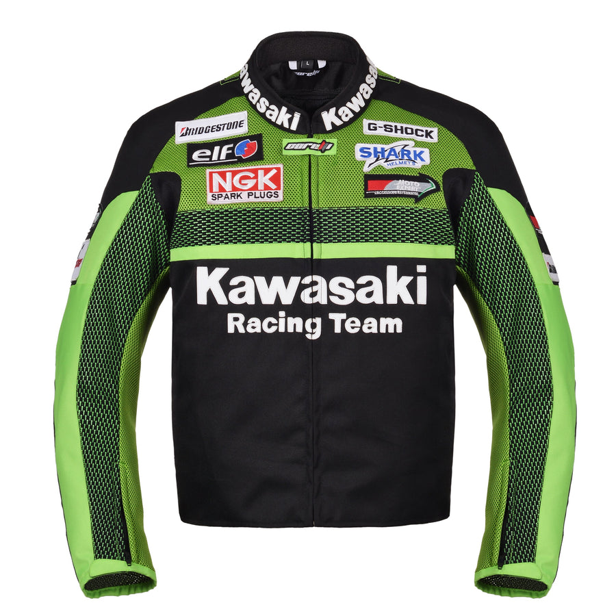 Kawasaki green motorcycle racing team textile jacket (COLLECTIBLE), removable CE protectors, removable inner lining, genuine cowhide leather, YKK zippers, pockets, front photo
