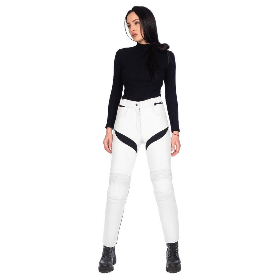 equilibrium white women motorcycle leather pants, genuine cowhide leather, removable ce protectors, kevlar, cordura, YKK zippers, pockets, front photo
