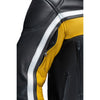 Corelli MG legacy black yellow white motorcycle racing leather jacket, genuine cowhide leather, removable CE protectors, removable inner lining, pockets, YKK zippers, close-up photo