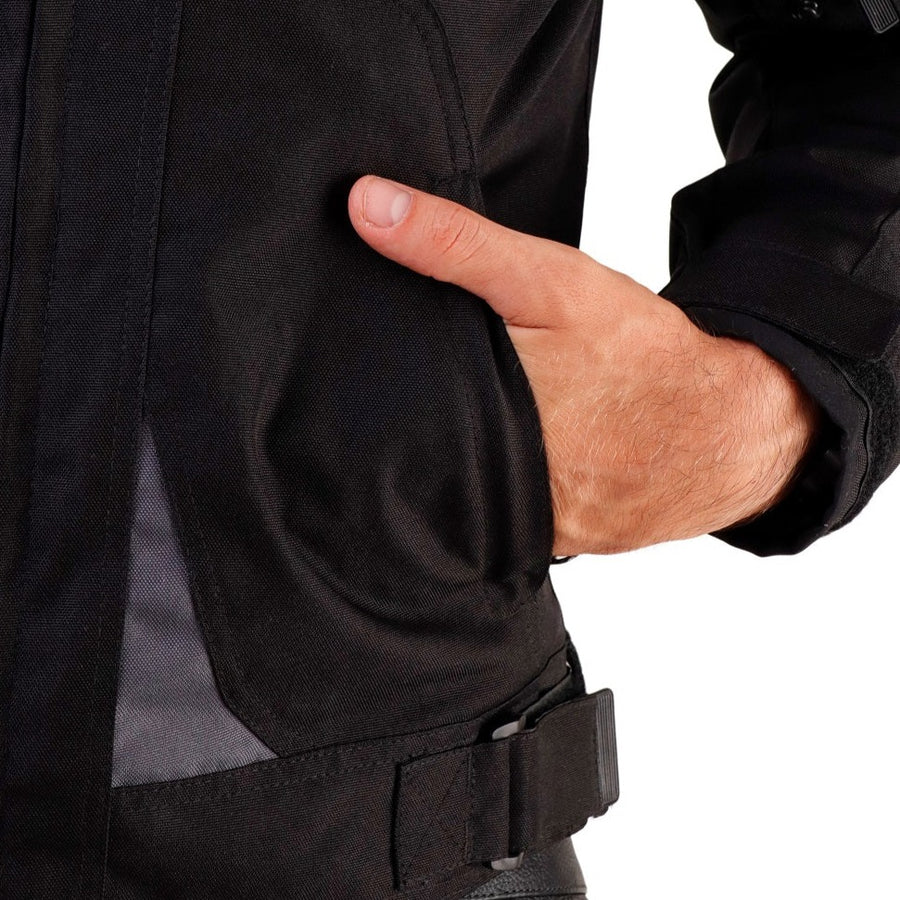 Corelli MG Urban black motorcycle textile jacket, mesh, cordura racing, YKK zippers, removable CE protectors, removable inner lining, pockets, waterproof, windproof