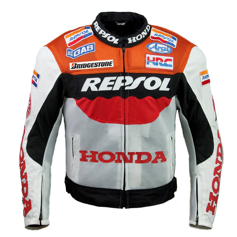 Honda Repsol racing textile jacket (collectible), orange, white, black, removable CE protectors, removable inner lining, genuine cowhide leather, YKK zippers, pockets, front photo