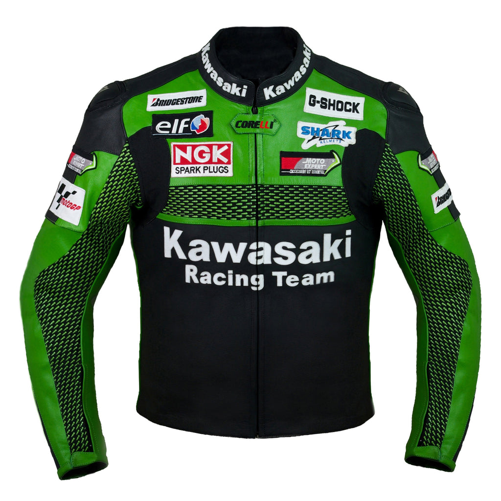 Kawasaki green MOTORCYCLE RACING TEAM LEATHER JACKET (with a HUMP) (COLLECTIBLE), removable CE protectors, removable inner lining, genuine cowhide leather, YKK zippers, pockets, front photo