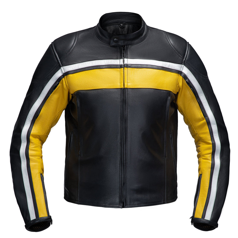 Corelli MG legacy black yellow white motorcycle racing leather jacket, genuine cowhide leather, removable CE protectors, removable inner lining, pockets, YKK zippers, front photo