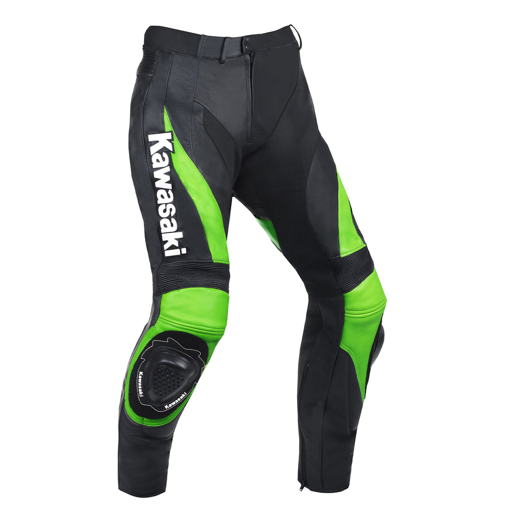 Kawasaki green motorcycle racing team leather pants (COLLECTIBLE), removable CE protectors, removable inner lining, genuine cowhide leather, YKK zippers, pockets, front photo